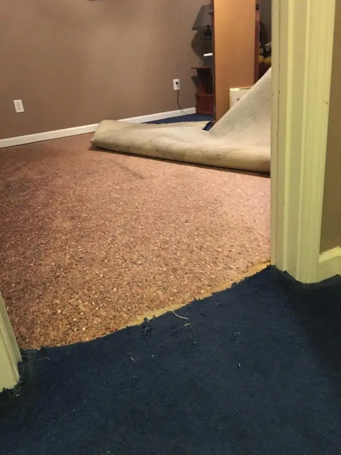 Carpet pad removal revealing water damage during Water Mitigation Services in Naperville